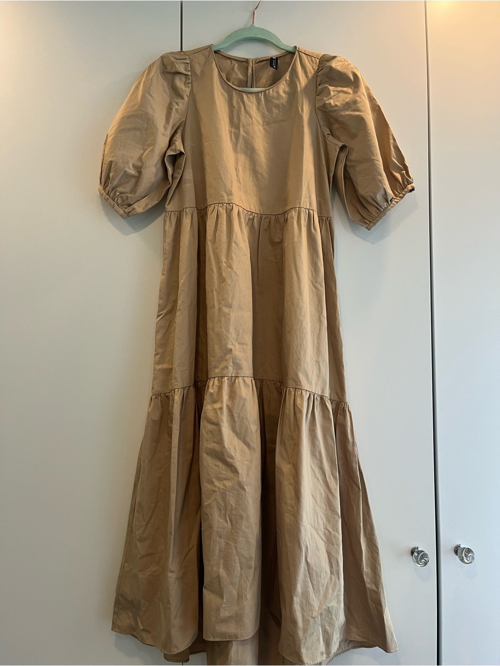 Zara Tan Puff-Sleeve Tiered Dress